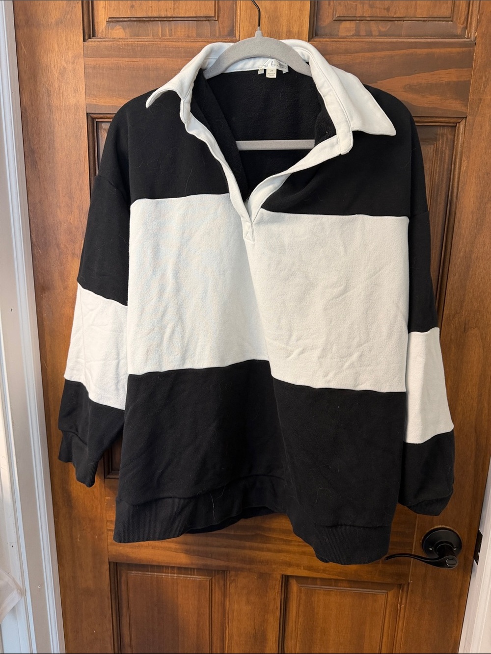 Black & White Striped Rugby Pullover  - Women